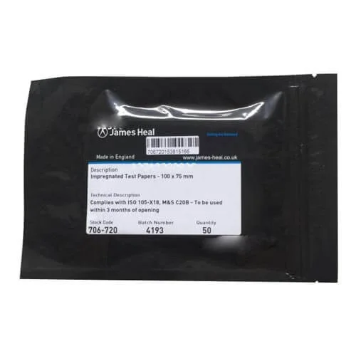 James Heal Impregnated Test Paper 100mm x 75mm Test Fabrics Impregnated Test Papers Pack Size: 50 Pcs Per Pack Brand: James Heal Made in the UK